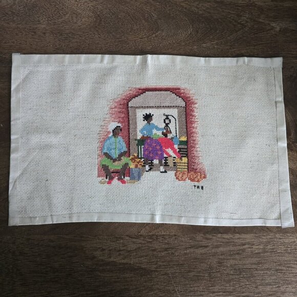 Charleston SC Market Place Sweet Grass Basket Finished Completed Cross Stitch - Picture 2 of 2